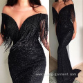 Sexy Lady Black Long Shoulder Off Mermaid Dress